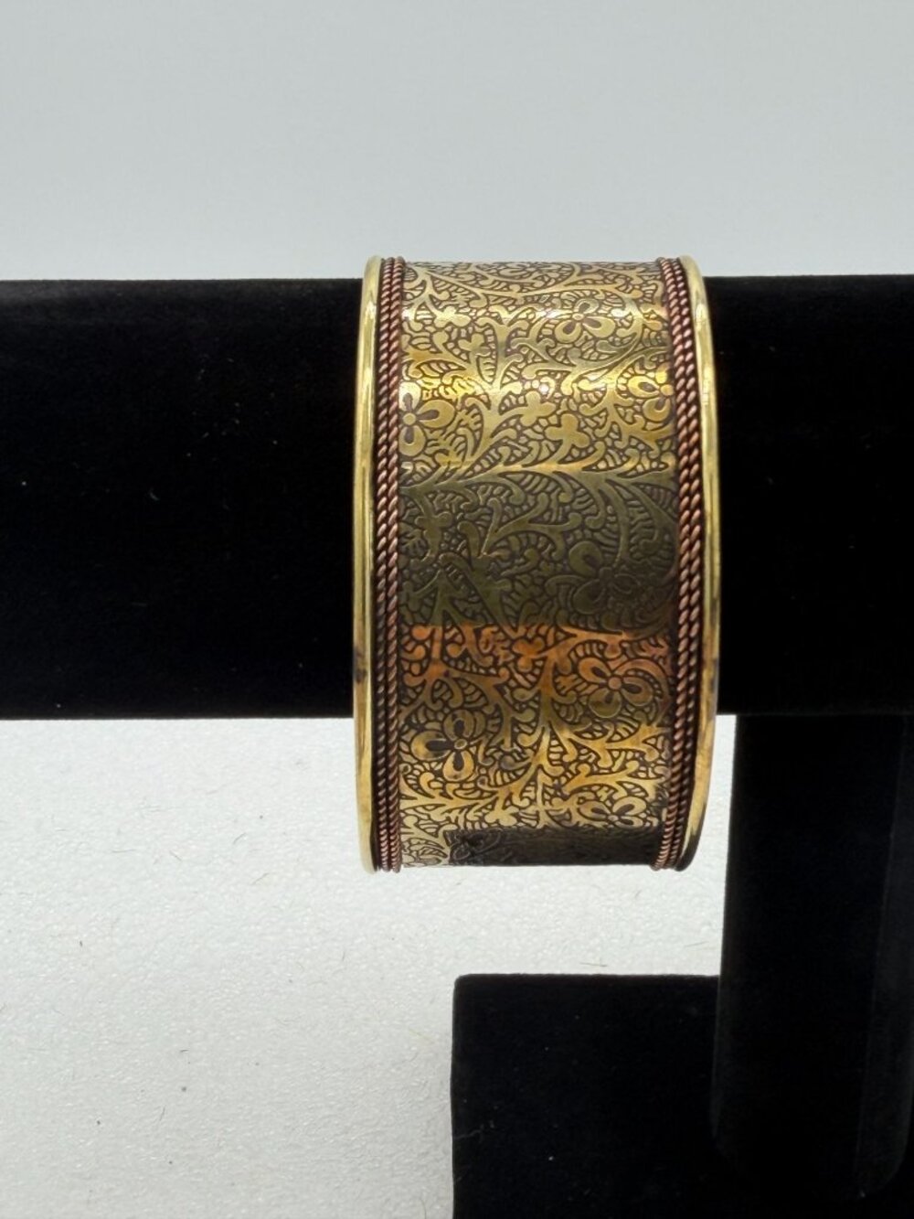 Gold Tone Cuff Bracelet Etched Floral Design Made in India